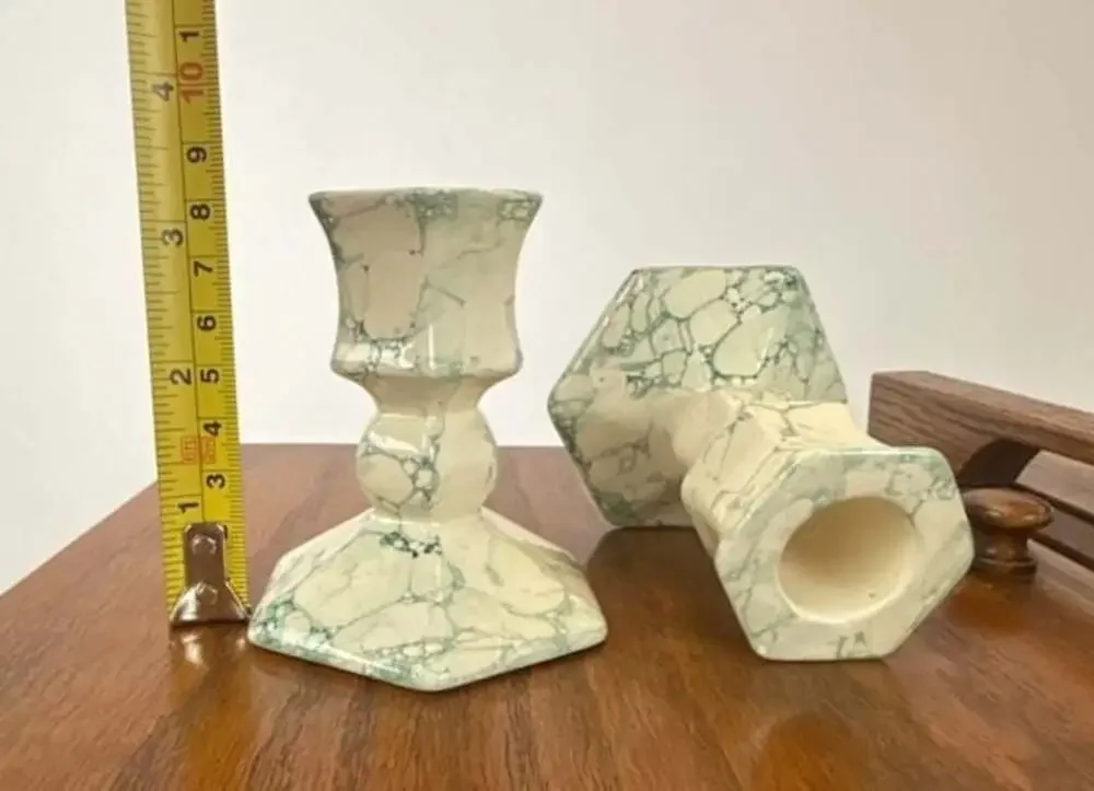 Vintage Partylite Green and White Marbled Ceramic CandleHolders, Pair